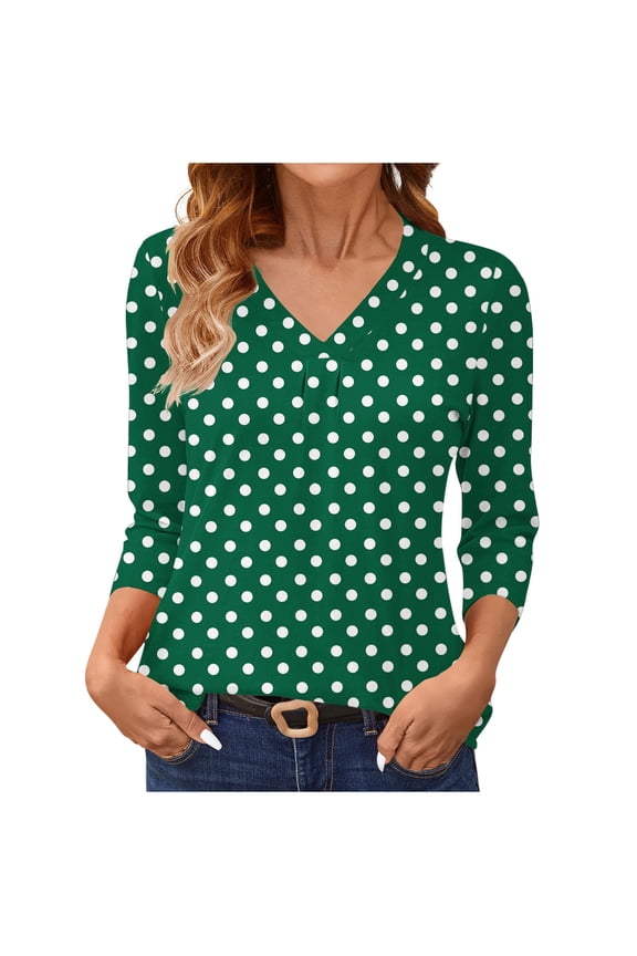Women's Polka Dot Print V Neck 3/4 Sleeve Basic Tee Casual Layering T-Shirt Three Quarter Length Round Hem Comfort Stretch Fashion Top Spring