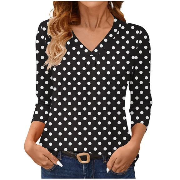 Yghzkop Women's Polka Dot Print V Neck 3/4 Sleeve Basic Tee Casual Layering T-Shirt Three Quarter Length Round Hem Comfort Stretch Fashion Top Spring