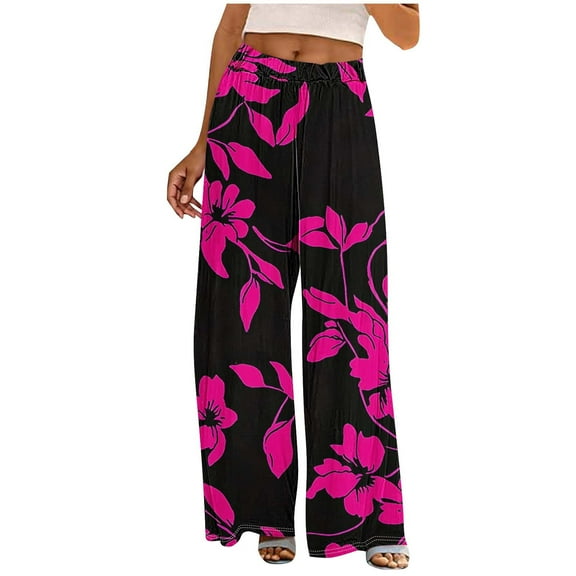 Yghzkop Women's Printed Palazzo Pants Floral Elastic Waist Lightweight Trousers Side Pockets Flowy Wide Leg Boho Beach Casual Lounge