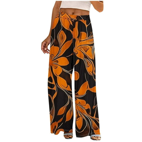 Yghzkop Women's Printed Palazzo Pants Floral Elastic Waist Lightweight Trousers Side Pockets Flowy Wide Leg Boho Beach Casual Lounge