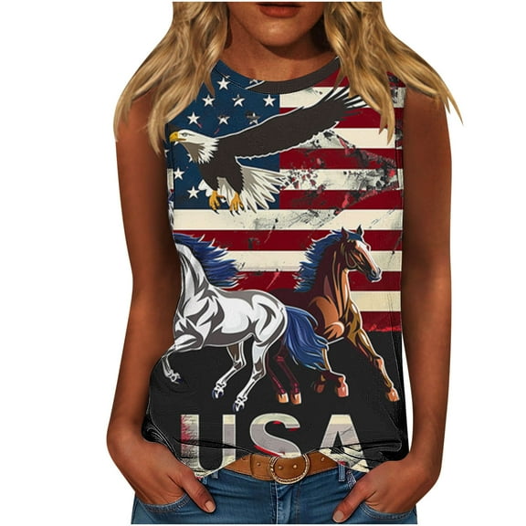 Yghzkop Women's Printed Tank Tops 4th of July Independence Day Summer Sleeveless Round Neck Pullover Casual Streetwear Breathable Allover Print Loose Fit Everyday Basic Wear for Women