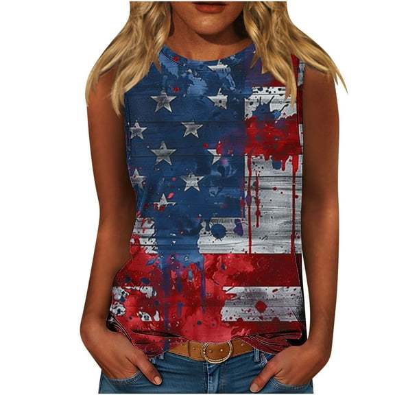 Yghzkop Women's Printed Tank Tops 4th of July Independence Day Summer Sleeveless Round Neck Pullover Casual Streetwear Breathable Allover Print Loose Fit Everyday Basic Wear for Women