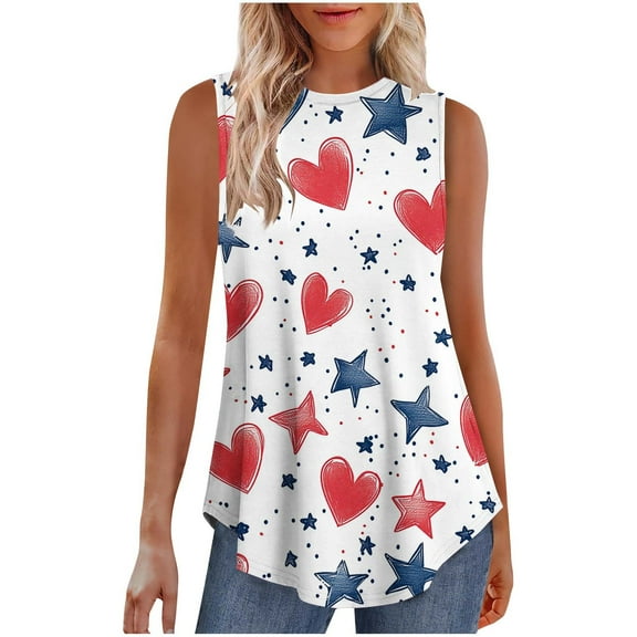 Yghzkop Women's Printed Tank Tops 4th of July Independence Day Summer Sleeveless Round Neck Pullover Casual Streetwear Breathable Allover Print Loose Fit Everyday Basic Wear for Women