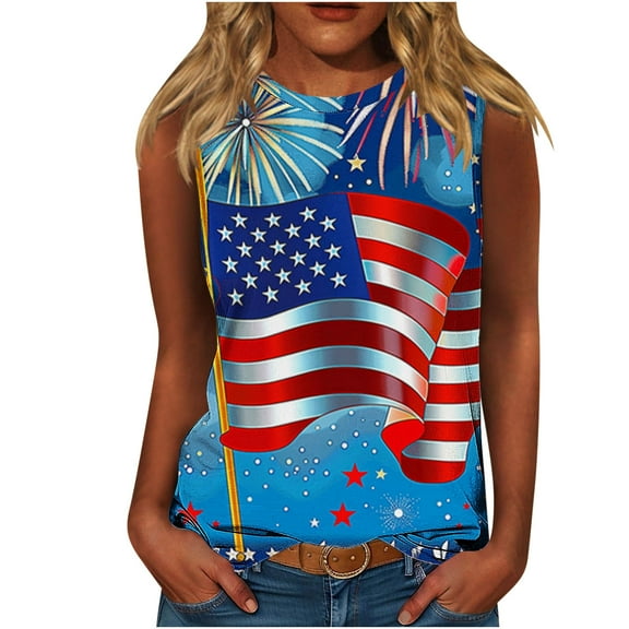Yghzkop Women's Printed Tank Tops 4th of July Independence Day Summer Sleeveless Round Neck Pullover Casual Streetwear Breathable Allover Print Loose Fit Everyday Basic Wear for Women