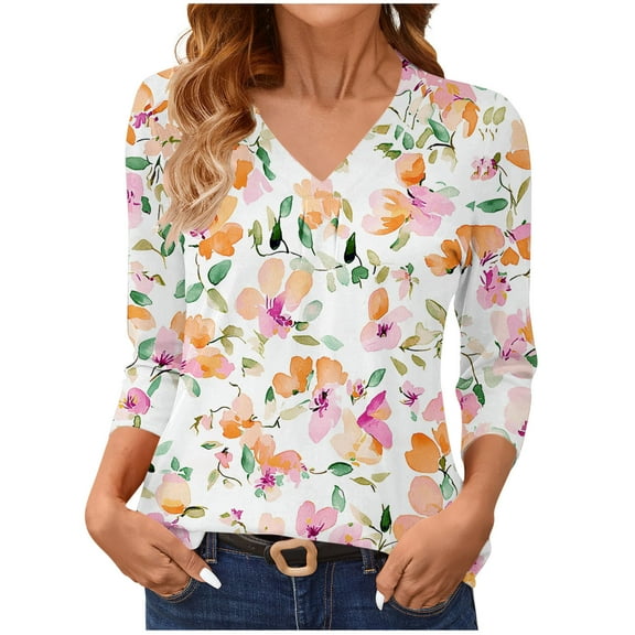 Yghzkop Women's Shirts Abstract Print V Neck 3/4 Sleeve Layering Tee Casual Basic T-Shirts Three Quarter Length Round Hem Stretch Comfort Fashion Top Spring Summer Fall Blouse
