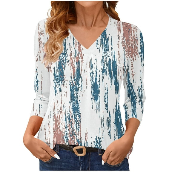 Yghzkop Women's Shirts Abstract Print V Neck 3/4 Sleeve Layering Tee Casual Basic T-Shirts Three Quarter Length Round Hem Stretch Comfort Fashion Top Spring Summer Fall Blouse