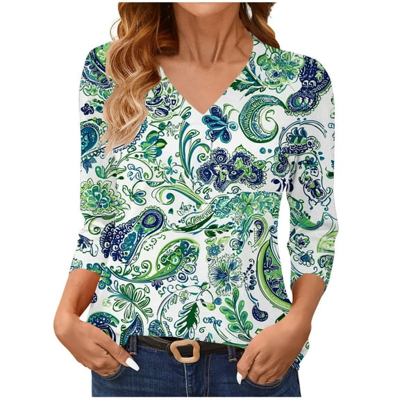Yghzkop Women's Shirts Abstract Print V Neck 3/4 Sleeve Layering Tee Casual Basic T-Shirts Three Quarter Length Round Hem Stretch Comfort Fashion Top Spring Summer Fall Blouse