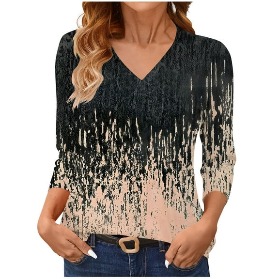 Yghzkop Women's Shirts Abstract Print V Neck 3/4 Sleeve Layering Tee Casual Basic T-Shirts Three Quarter Length Round Hem Stretch Comfort Fashion Top Spring Summer Fall Blouse