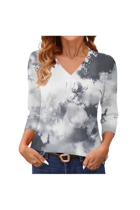 Women's Shirts Abstract Print V Neck 3/4 Sleeve Layering Tee Casual Basic T-Shirts Three Quarter Length Round Hem Stretch Comfort Fashion Top Spring Summer Fall Blouse