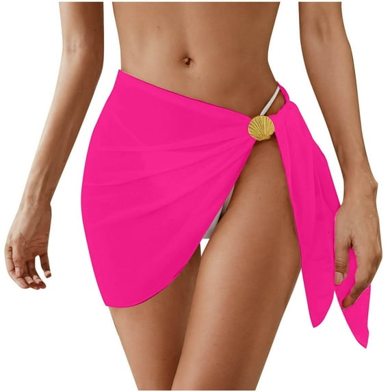 Yghzkop Women's Solid Color Sheer Mesh Swimsuit Cover Up Tunic Beach Dress with Shell Buttons One Piece Sarong Wrap Skirt