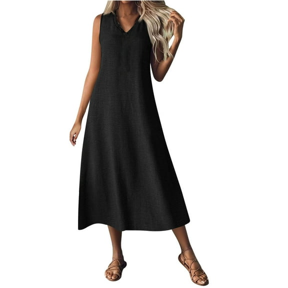 Yghzkop Women's Solid Color V Neck Sleeveless Maxi Dress Casual Summer Beach Dress Flowy Chiffon Fabric Bohemian Style Split Hem Party Wear Evening Gown Holiday Resort Wear