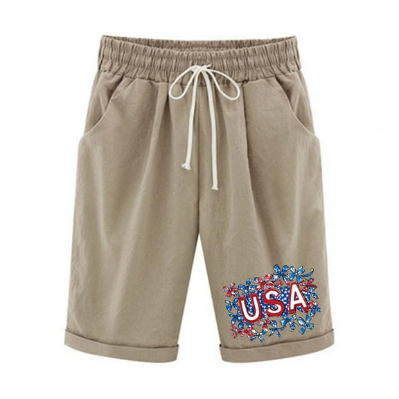 Yghzkop Women's Summer 4th of July Independence Day Shorts Cotton Linen Straight Wide Leg Pants with Pockets USA Flag Stars Stripes Graphic Printed Casual Elastic Waist Drawstring Short Pant
