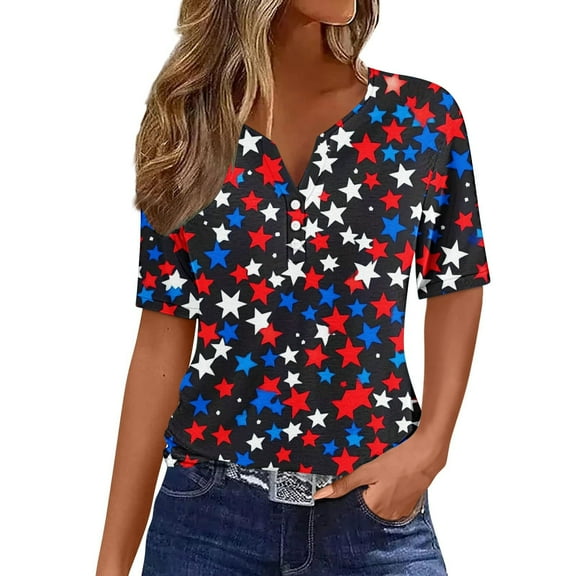 Yghzkop Women's Summer 4th of July Independence Day T-Shirts Casual Looes Fit V-Neck Patriotic Shirt Short Sleeve Shirts USA Flag Stars Stripes Graphic Tops Blouses