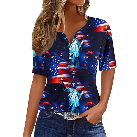 Yghzkop Women's Summer 4th of July Independence Day T-Shirts Casual Looes Fit V-Neck Patriotic Shirt Short Sleeve Shirts USA Flag Stars Stripes Graphic Tops Blouses