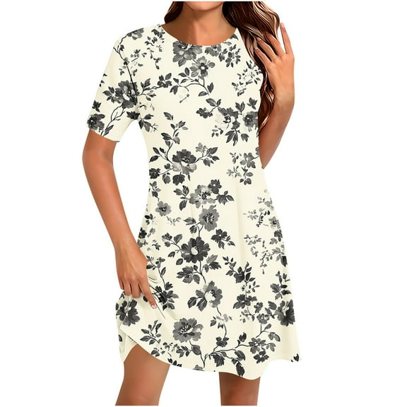 Yghzkop Women's Summer Floral Print Short Sleeve Dress Round Neck Casual Sundress Loose Fit Breathable T Shirt Dress Everyday Midi Dress