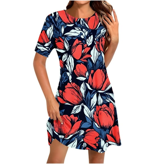 Yghzkop Women's Summer Floral Print Short Sleeve Dress Round Neck Casual Sundress Loose Fit Breathable T Shirt Dress Everyday Midi Dress