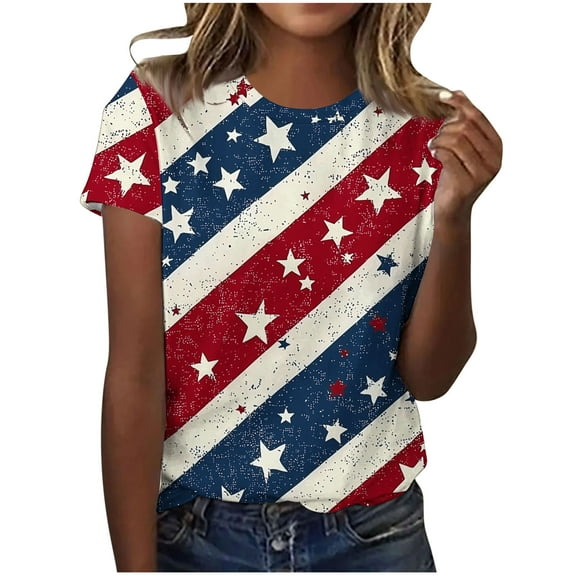 Yghzkop Women's Summer T-Shirts 4th of July Independence Day Casual Looes Fit V-Neck Patriotic Blouses Short Sleeve Shirts USA Flag Stars Stripes Graphic Tops Shirt