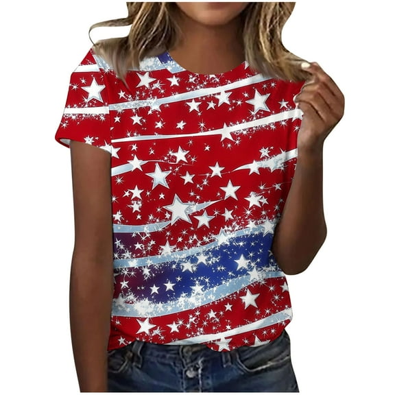 Yghzkop Women's Summer T-Shirts 4th of July Independence Day Casual Looes Fit V-Neck Patriotic Blouses Short Sleeve Shirts USA Flag Stars Stripes Graphic Tops Shirt