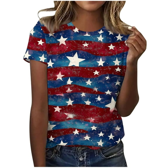Yghzkop Women's Summer T-Shirts 4th of July Independence Day Casual Looes Fit V-Neck Patriotic Blouses Short Sleeve Shirts USA Flag Stars Stripes Graphic Tops Shirt