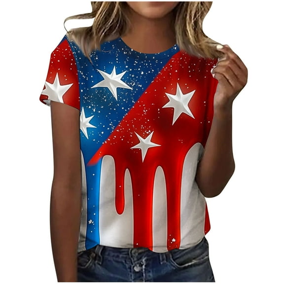 Yghzkop Women's Summer T-Shirts 4th of July Independence Day Casual Looes Fit V-Neck Patriotic Blouses Short Sleeve Shirts USA Flag Stars Stripes Graphic Tops Shirt