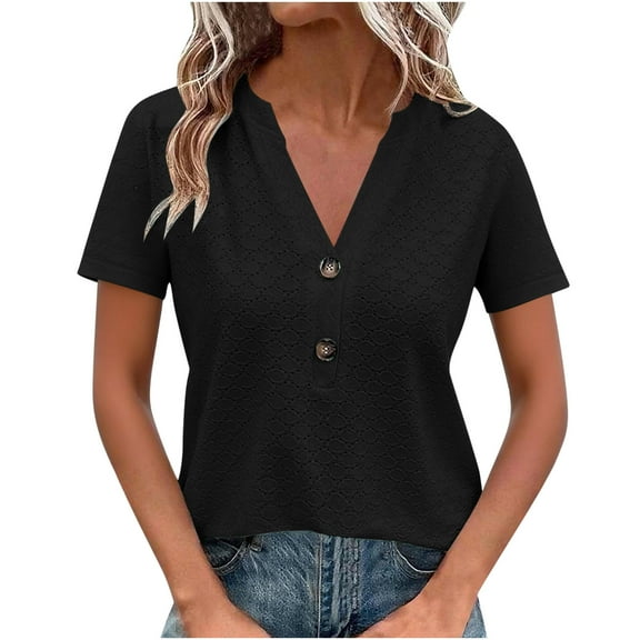 Yghzkop Women's Tops V Neck Short Sleeve Blouse Solid Color Button Down Shirt Pearl Accent Collar Elegant Casual T-shirts Lace Trim office Wear Summer Chic Tunic Tees