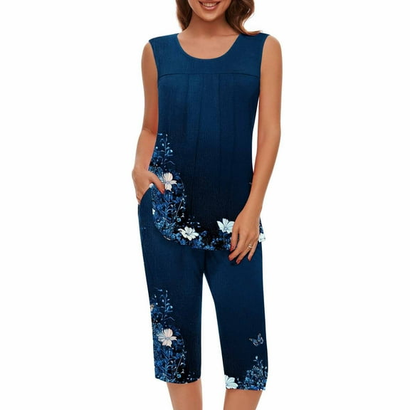 Yghzkop Women's Two Piece Set Floral Printed Sleeveless Round Neck Tank Tops Capri Pant Summer Outfit Beach Lounge Travel Wrinkle-Free Loose Fit Crop Top Shorts
