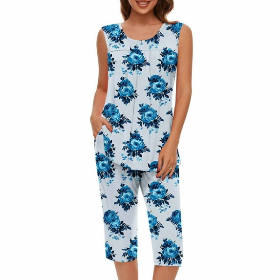 Yghzkop Women's Two Piece Set Floral Printed Sleeveless Round Neck Tank Tops Capri Pant Summer Outfit Beach Lounge Travel Wrinkle-Free Loose Fit Crop Top Shorts