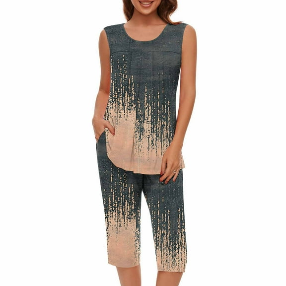 Yghzkop Women's Two Piece Set Floral Printed Sleeveless Round Neck Tank Tops Capri Pant Summer Outfit Beach Lounge Travel Wrinkle-Free Loose Fit Crop Top Shorts