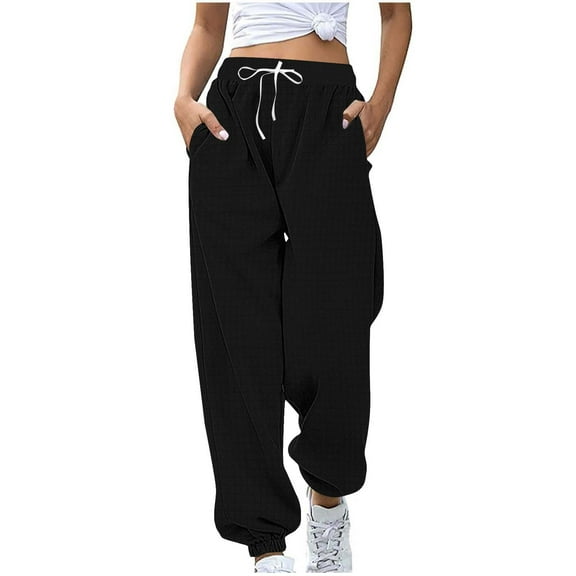 Yghzkop Women's Waffle Knit Sweatpants Joggers Solid Color Drawstring Elastic Waist Casual Lounge Pants Side Pocket Comfortable Pull On Wide Leg Trousers Loose Fit
