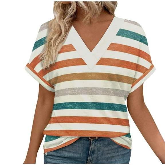 Yghzkop Women's Workout Tops Summer Striped V-Neck Top Casual Short Sleeve T-Shirts Lightweight Breathable Cotton Weekend Grocery Run Sweatshirts Essentials Errand Blouses Shirt