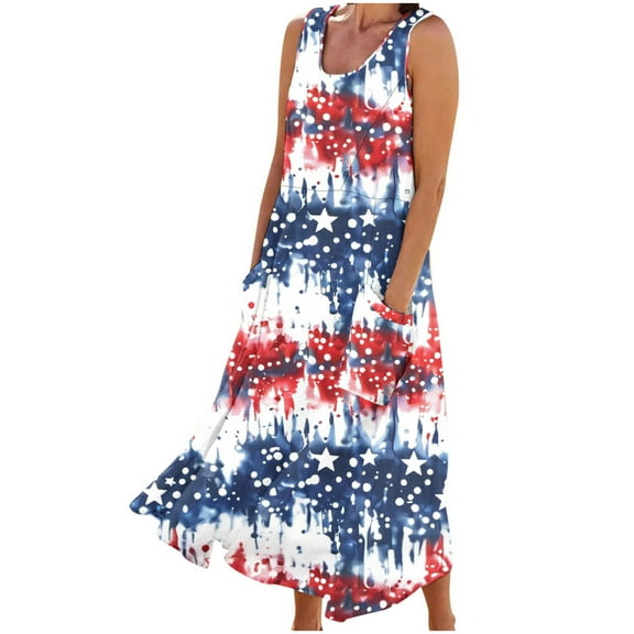 Yghzkop Womens 4th of July Printed Sundress Stars Stripes A-Line Summer Mide Dress Sleeveless Crewneck Pleated Beach Long Dress with Pocket Loose Fit Party Vacation Dresses