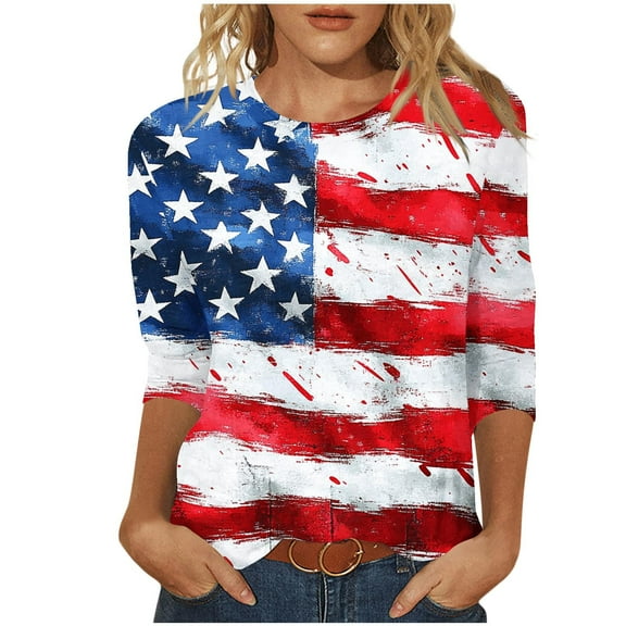 Yghzkop Womens 4th of July Printed Tunic Tops 3/4 Sleeve Pullover Round Neck Summer Blouses Quick-Dry Polyester Lightweight Travel Essentials Wrinkle-Resistant Casual Wear
