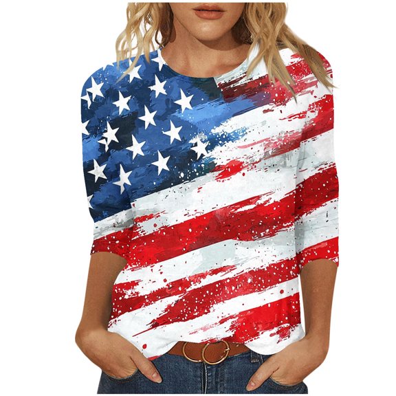Yghzkop Womens 4th of July Printed Tunic Tops 3/4 Sleeve Pullover Round Neck Summer Blouses Quick-Dry Polyester Lightweight Travel Essentials Wrinkle-Resistant Casual Wear