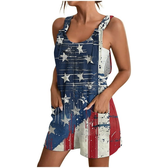 Yghzkop Womens 4th of July Print Romper Shorts Summer Sleeveless Jumpsuit Casual Beach Outfit Independence Day Pocket Shorts