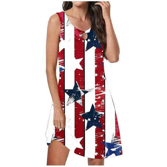 Yghzkop Womens 4th of July Printed Sundress A-Line Summer Sleeveless Round Neck Pleated Beach Dress Loose Fit Party Vacation Mide Dress