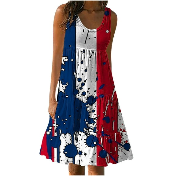 Yghzkop Womens 4th of July Printed Sundress A-Line Summer Sleeveless Round Neck Pleated Beach Dress Loose Fit Party Vacation Mide Dress