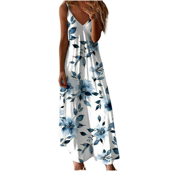 Yghzkop Womens 4th of July Printed Sundress A-Line Summer Sleeveless V Neck Pleated Beach Tank Dress Loose Fit Party Vacation Long Dress