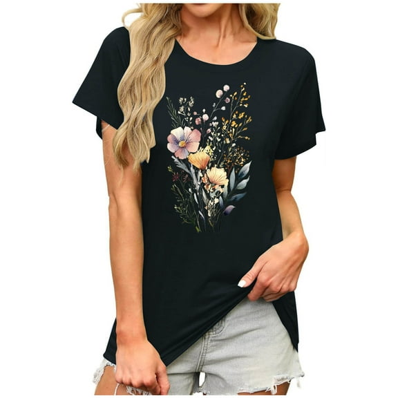 Yghzkop Womens Blouse Summer Short Sleeve Moisture-Wicking Tees Round Neck Tropical Print Casual Tops Hawaiian Shirt Viscose Blend Loose Fit Resort Tunic T-Shirts