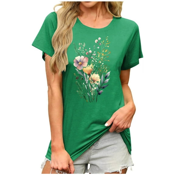 Yghzkop Womens Blouse Summer Short Sleeve Moisture-Wicking Tees Round Neck Tropical Print Casual Tops Hawaiian Shirt Viscose Blend Loose Fit Resort Tunic T-Shirts