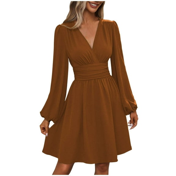 Yghzkop Womens Boho Dresses Solid Color Dress Long Sleeve V Neck Casual Bodycon Mini Day Dress Short Sleeveless Style Belted Waist Elegant office Work Wear Stretchy Chic Everyday Outfitss