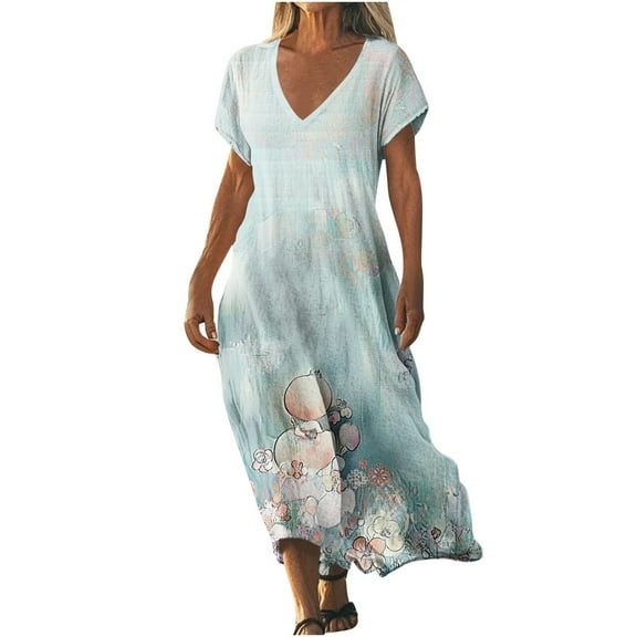 Yghzkop Womens Botanical Print V-Neck Short Sleeve Dress Long Skirt Flowy Boho Dress with Ruffle Sleeves Elastic Waist Summer Casual