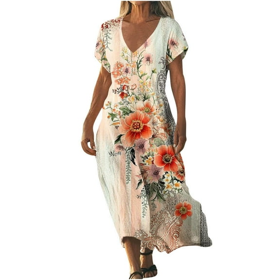 Yghzkop Womens Botanical Print V-Neck Short Sleeve Dress Long Skirt Flowy Boho Dress with Ruffle Sleeves Elastic Waist Summer Casual