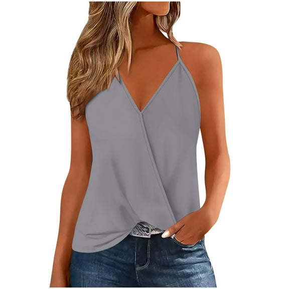 Yghzkop Womens Deep V Neck Wrap Tank Tops Summer Sexy Spaghetti Strap Sleeveless Tee Shirts Trendy Cross Front Tunic Tops Bluose