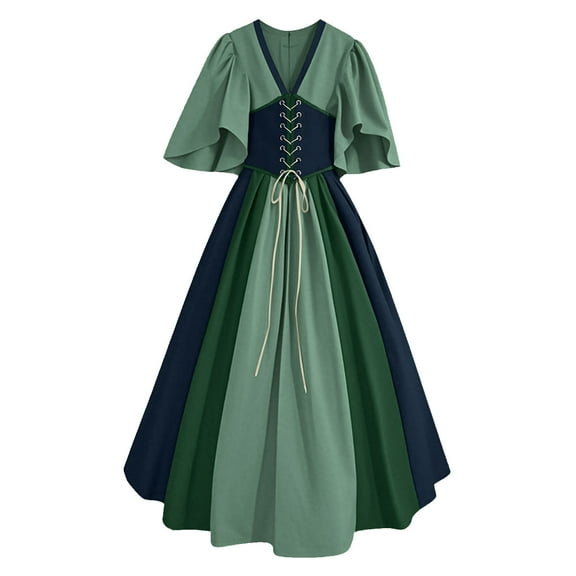 Yghzkop Womens Dresses Medieval Court Ball Gown Gothic Color Block Bell Sleeves V Neck Corset Lace Up Dress with Full Skirt Masquerade Banquet Fantasy Wedding Costume