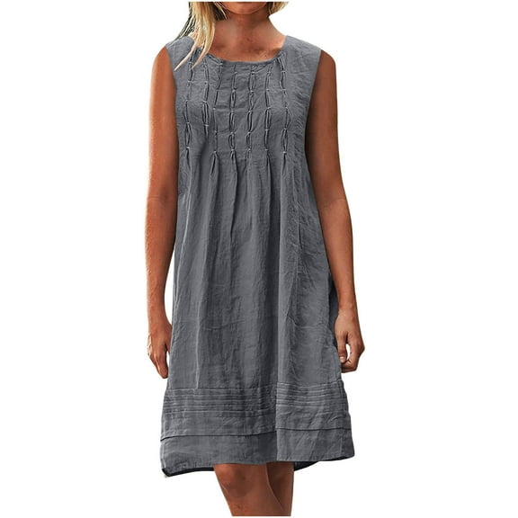 Yghzkop Womens Dresses Round Neck Sleeveless Pleated Detail Solid Linen Blend Loose Fit Maxi Dress Casual office Beach Long Dress