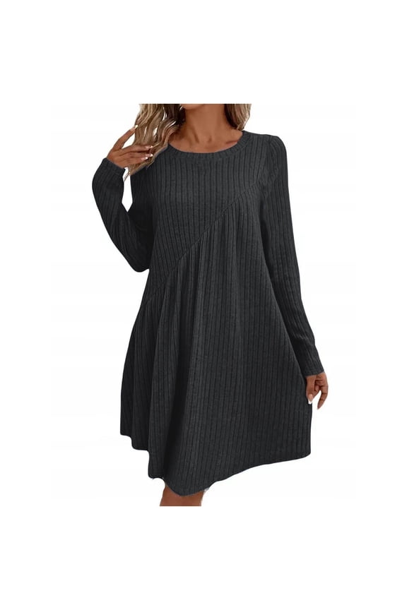 Womens Fall Dresses Solid Color Dress Long Sleeve Round Neck Brushed Ribbed Knit Sweatshirt Dress Bodycon Mid Midi Dress Casual Pullover Tunic Dress with Back Pleats Pocket