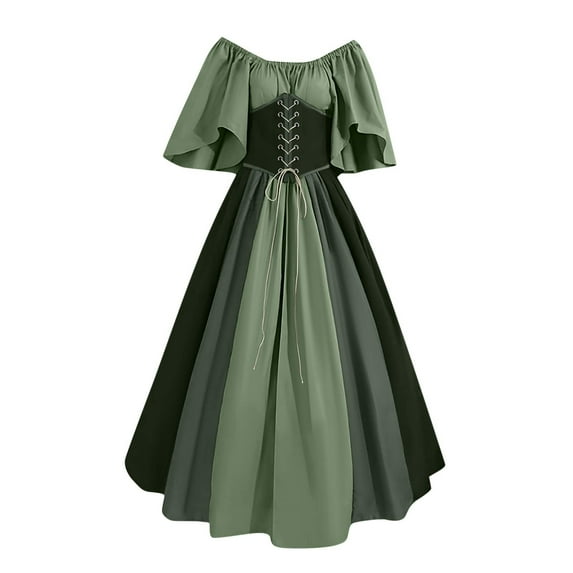 Yghzkop Womens Gothic Medieval Court Ball Gown Renaissance Color Block Bell Sleeves One Shoulder Lace Up Corset Tiered Skirt Masquerade Vintage Victorian Velvet Trim Pagan Festival Maxi Length