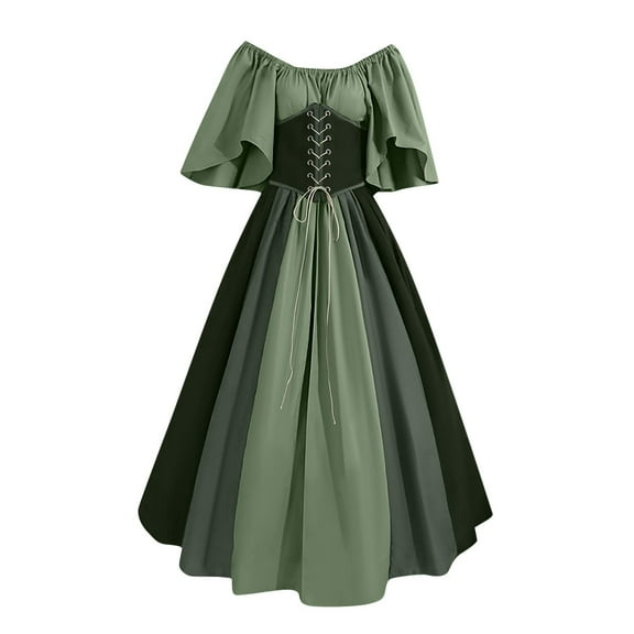 Yghzkop Womens Gothic Medieval Court Ball Gown Renaissance Color Block Bell Sleeves One Shoulder Lace Up Corset Tiered Skirt Masquerade Vintage Victorian Velvet Trim Pagan Festival Maxi Length