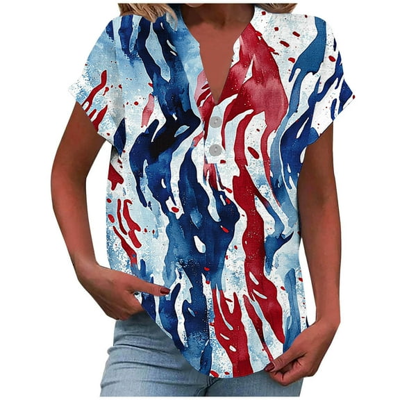 Yghzkop Womens Graphic Tees 4Th of July Henley V Neck Patriotic Shirt American Flag Button Short Sleeve Independence Summer Tops Blouse