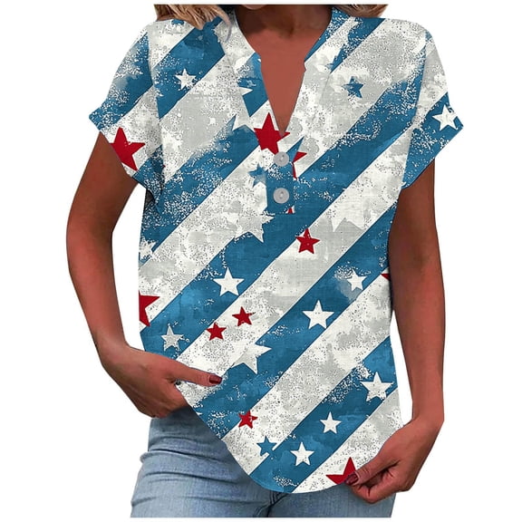 Yghzkop Womens Graphic Tees 4Th of July Henley V Neck Patriotic Shirt American Flag Button Short Sleeve Independence Summer Tops Blouse